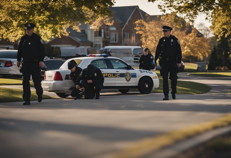 Multiple suspects flee with stolen vehicles in Libertyville. Police investigate the crime scene with abandoned cars and evidence markers